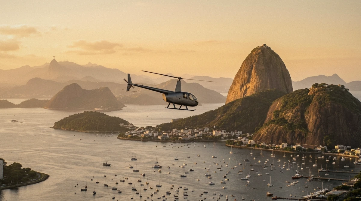 Golden late-afternoon light over Rio de Janeiro during the best time for a helicopter ride in Rio de Janeiro