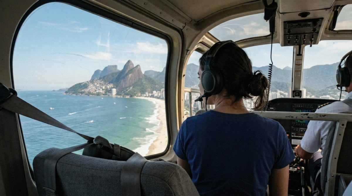Passenger looking down at Ipanema and Dois Irmaos, deciding whether a helicopter ride in Rio de Janeiro is worth it