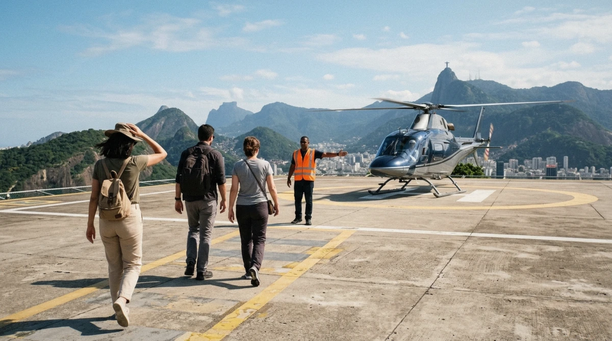 First-time flyer boarding a helicopter with the crew ahead of a Rio de Janeiro helicopter flight what to expect walkthrough
